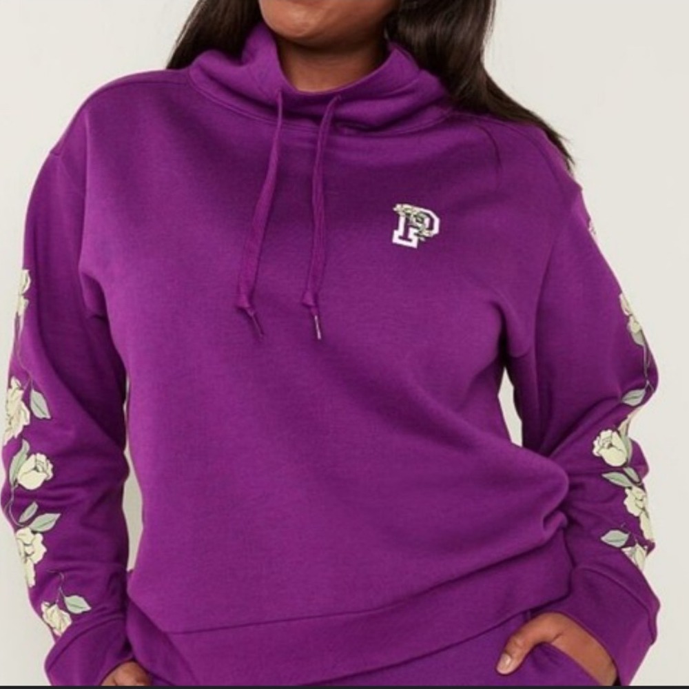 PINK‎ by Victoria's Secret Purple Cowl Neck Sweatshirt Floral Sleeve Logo
